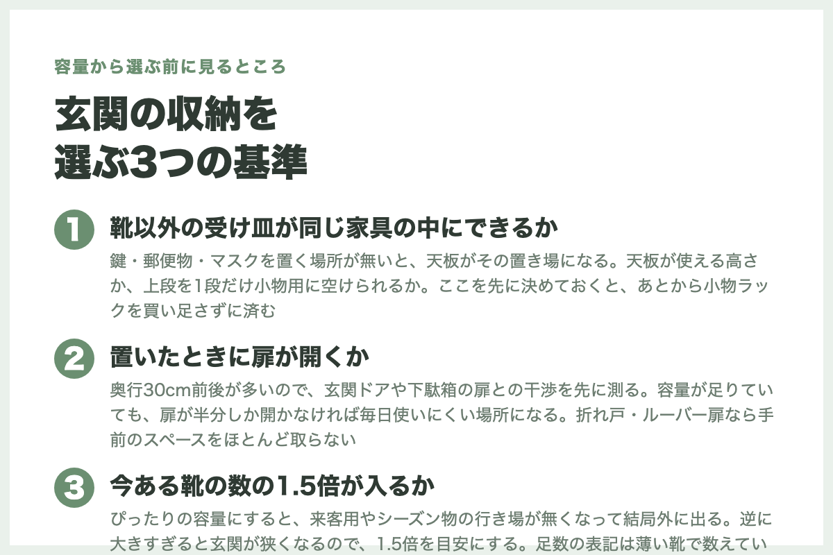 玄関の収納を
選ぶ3つの基準